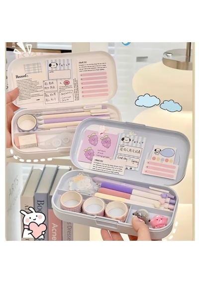 Sevimli Kawaii Figürlü Kalem Kutusu Çok Bölmeli Çift Katlı Büyük Kapasiteli Kalem Kutusu Sticker'lı Kalem Kutusu Sticker Yapıştırılabilir Kalemlik Sticker Kalemlik Mavi
