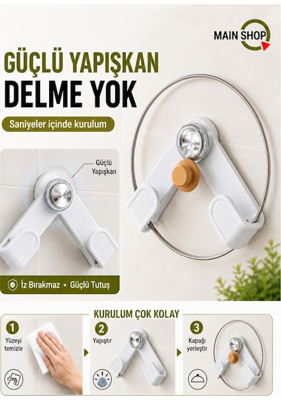 Mainshop 1 Adet Duvara Monte Tencere Kapağı Tutucu - Delme Gerektirmez Güçlü Yapışkanlı Mutfak Düzenleyici M-56 Beyaz