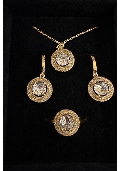 Çelik Büyük Zirkon Taşlı 3 Lü Gold Takı Seti