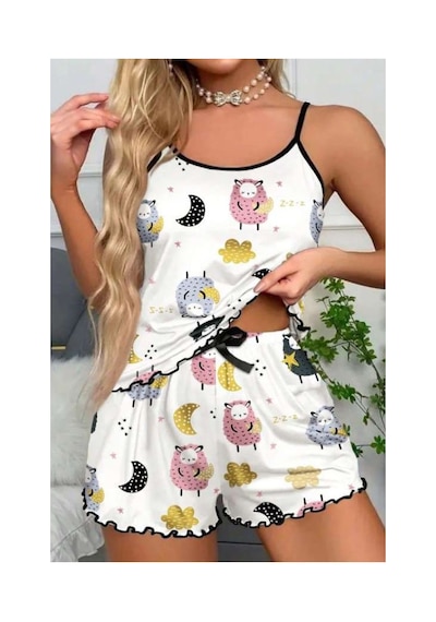 Kuzu Desenli Pembe İp Askılı Yazlık Şort Pijama Takımı Ryl - S-46 Çok Renkli