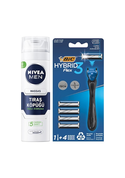 Nıvea Men Erkek Hassas Tıraş Köpüğü 200 Ml + Bıc Hybrid 3 Flex Erkek Tıraş Bıçağı 1 Sap Ve 4 Yedek Başlık Çok Renkli