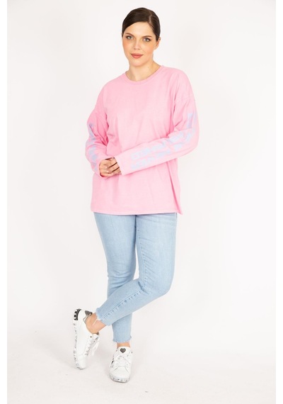 Şans Kadın Bej Büyük Beden Kol Baskılı Sweatshirt-pembe Pembe