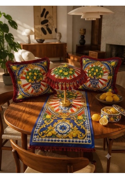 Missidea Limona Red Bohem Ledli Bali Şemsiyesi Seti Led'li Şemsiye + 2 Adet Kırlent + Runner Kırmızı