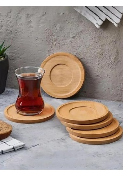 6 Adet Bambu Çay Tabağı - Estetik Ve Doğal 124-Pembe