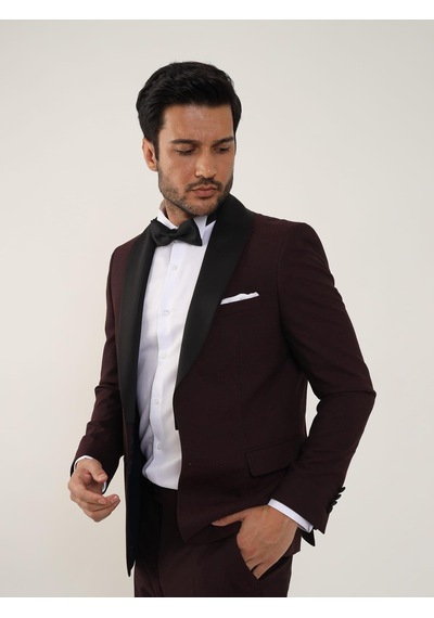 Dufy Bordo Erkek Slim Fit Düz Sivri Yaka Smokin Takım - 84171-Bordo