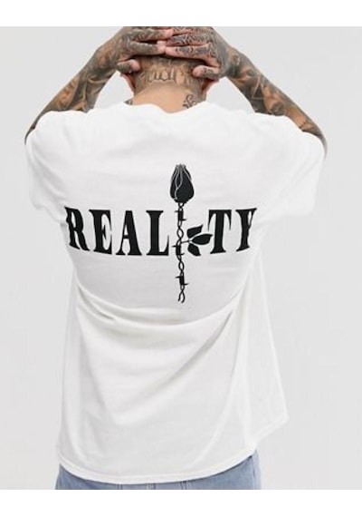 Altamira Unisex Beyaz Reality Baskılı Oversize Tshirt 001
