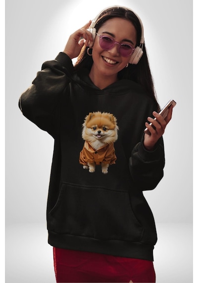 Teacup Pomernian Çeket Kadın Erkek Siyah Kapüşonlu Sweatshirt Hoodie Siyah