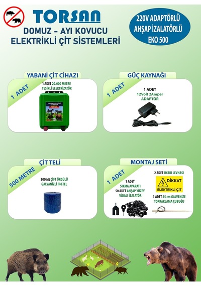 Torsan 220v Adaptörlü Eko 500 Elektrikli Çit Sistemi Domuz - Ayı Kovucu 500mt