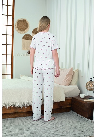 SUDE HOMEWEAR Kadın Örme Kumaş Cherry Pattern Kısa Kol Pijama Takımı Beyaz
