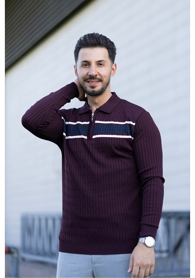 Hk Premium Kazak Polo Yaka Fermuarlı Şerit Detaylı Triko Bordo