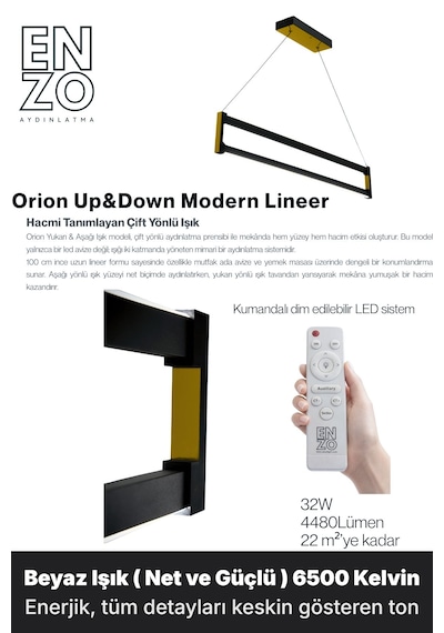 Orion Gold Lineer Led Sarkıt Avize Kumandalı Dim Edilebilir Aşağı Işık Beyaz Işık