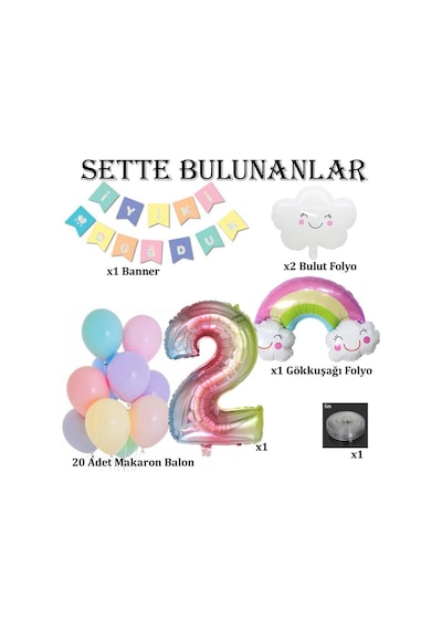 Gökkuşağı Bulut Konsepti 2 Yaş Doğum Günü Parti Kutlama Seti