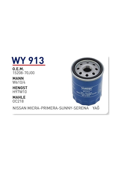WUNDER WY913 YAĞ FİLTRESİ - NiSSAN MiCRA-PRiMERA-SUNNY-SERENA