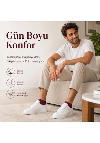 Çorap Giyim Erkek Pamuklu Patik Çorap 6 Lı Paket 39-44 Dikişsiz Burun, Koku Karşıtı, Nefes Alan Kısa Konç Sneaker Çorabı Haki