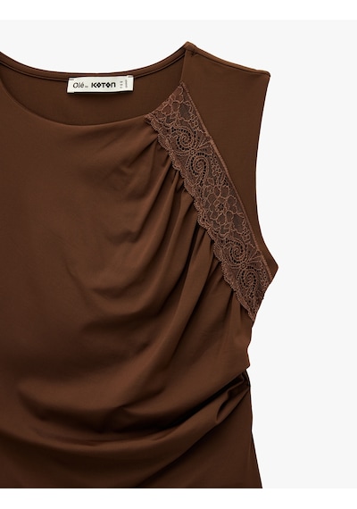 Koton Slim Fit Kayık Yuvarlak Yaka Dantel Detaylı Kolsuz Bluz Kahverengi 6wal30057ık Kahve