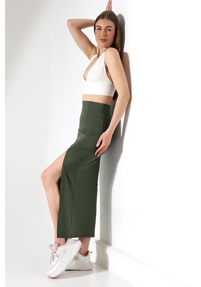 Winmoda34 Kadın Önden Derin Yırtmaçlı Dalgıç Etek Full Likralı Maxi Boy 92 Cm Haki