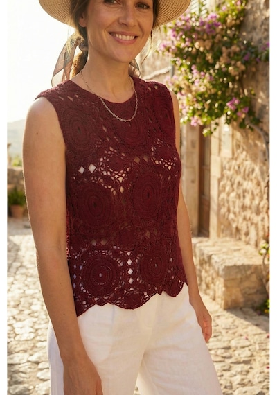 Sayzen Your Shine Kolsuz Dantel/tığ Dokuma Kadın Bluz Shn-2603 Bordo