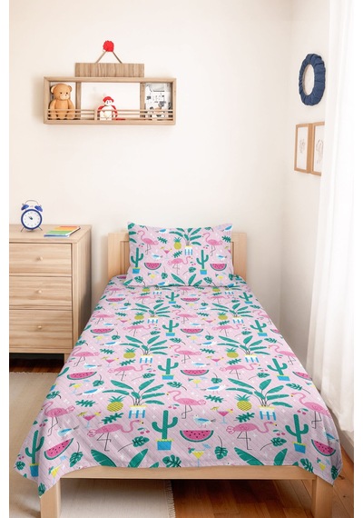 Evimde Bambaşka Flamingo Tropikal Pembe Kız Çocuk Pike Takımı-kaktüs Ananas Mint Bebek Odası Yatak Örtüsü 160x220  CM