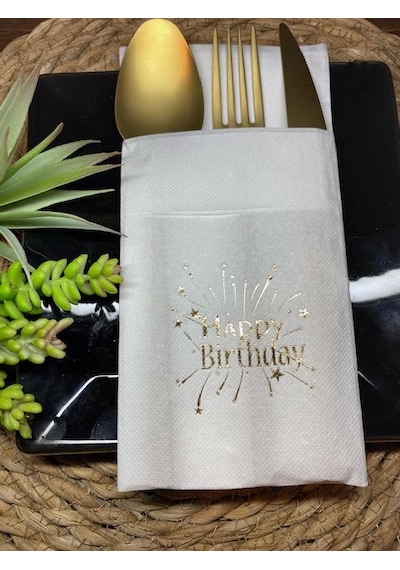 Gold Yaldızlı Beyaz Cepli Happy Bırthday Peçete 12 Adet 40x40