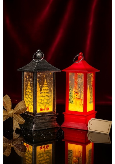 Led Işıklı Noel Feneri 2 Li Set Çam Ağacı & Bambi Temalı Dekoratif Yılbaşı Lambası 14 Cm 12 CM