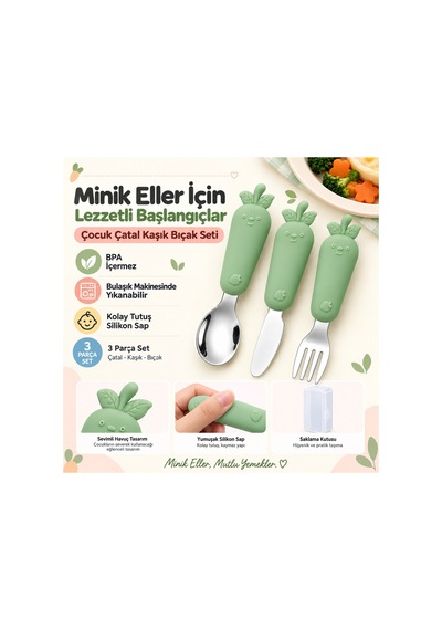Yeşil Renk Figürlü Premium Çocuk Bpa Free Paslanmaz Çelik Uçlu Çatal-kaşık-bıçak Set 12+ Ay