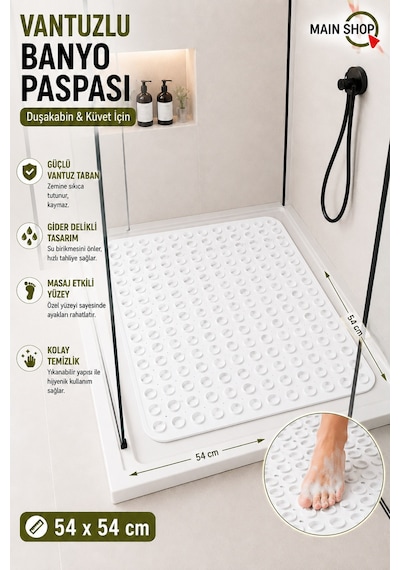 Mainshop Kaydırmaz Taban Masajlı Duşa Kabin Ve Banyo Paspası-banyo Küvet Içi Paspas Beyaz Renk M-150