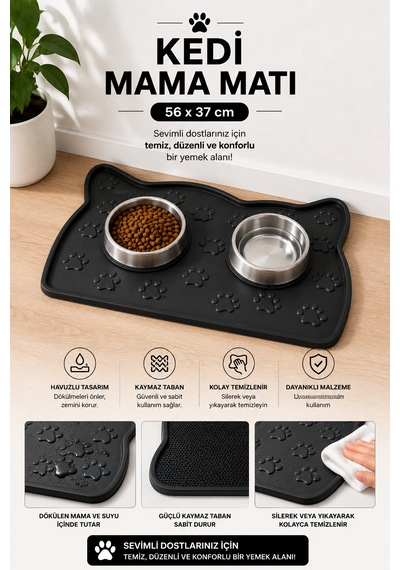 Kedi Beslenme Paspası Kedi Mama Matı Figürlü Yıkanabilir 56x37