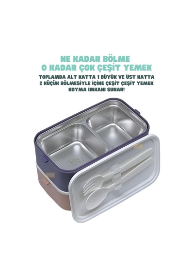 Bento 1000ml Lunchbox 2 Katlı 3 Bölmeli Paslanmaz Çelik Sefer Tası Yemek Kutusu Pembe-mor Çok Renkli