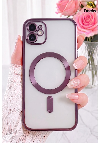 Fibaks iPhone 11 Uyumlu Kılıf Kamera Lens Korumalı Magsafe Şarj Kilifi Şeffaf Renkli Yumuşak Kapak Mor