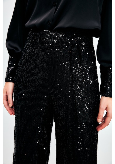Sateen Kemerli Payet Pantolon - Siyah