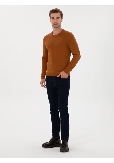Cacharel Karamel Slim Fit Yün Karışımlı Bisiklet Yaka Basic Triko Kazak Kahverengi