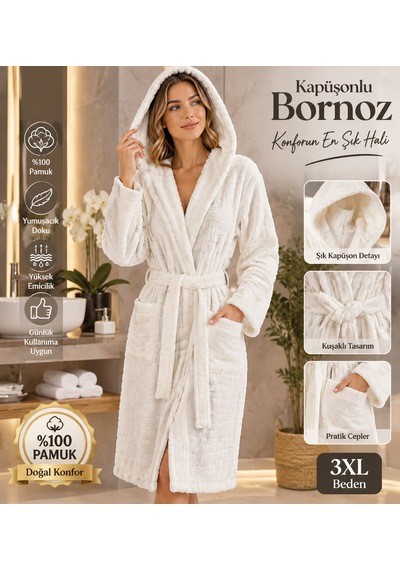 Slc Home %100 Pamuk 2xl / 3xl Büyük Beden Bornoz Kapüşonlu Beyaz