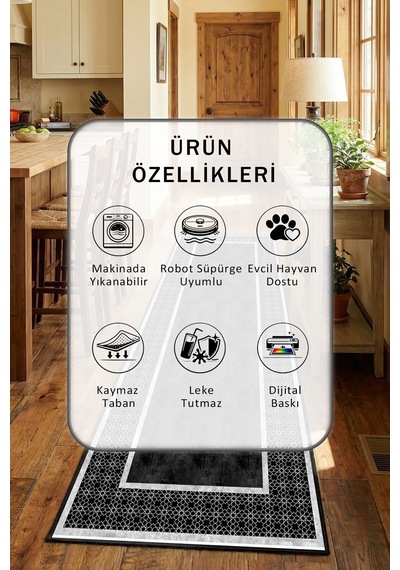 Siyah Yıkanabilir Mutfak Halısı