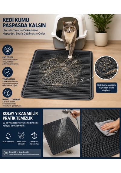 Kedi Kumu Paspası 60x42 Havuzlu Kaymaz Yıkanabilir Kedi Tuvalet Altlığı Döküntü Önleyici Mat