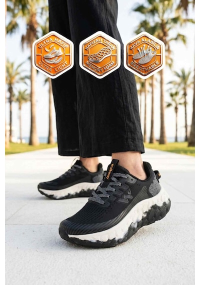 Walkway Siyah Beyaz Fileli Hafif Esnek Hafızalı Taban Unisex Spor Ayakkabı Flystep G Siyah - Beyaz