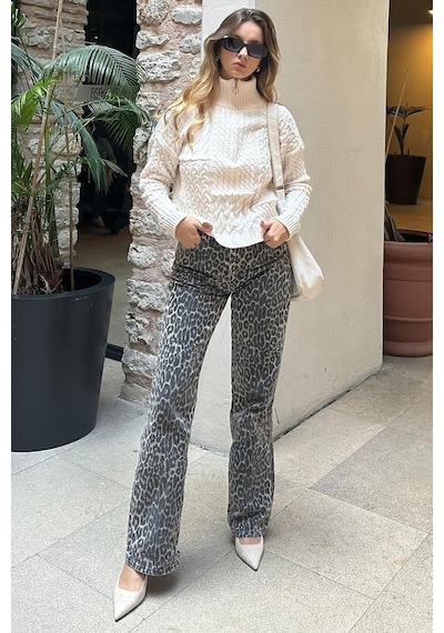Madmext Ekru Dik Yaka Fermuar Detaylı Örme Kazak Mg2229 Ekru