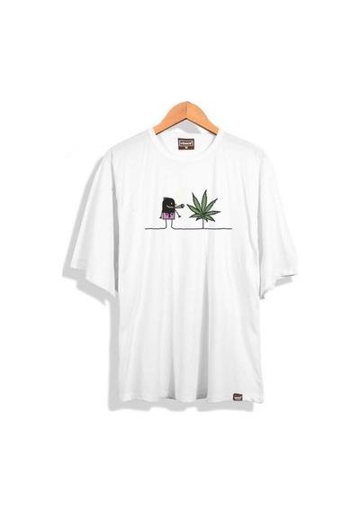 Flood Of Style Erkek Beyaz Weed Baskılı Oversize Bisiklet Yaka Tshirt