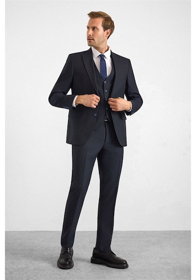 Süvari Lacivert Slim Sivri Yaka 6 Drop Yelekli Takım Elbise Tk1001100188-m09
