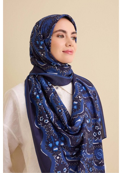 Imannoor Çağlayan Lacivert Pamuk Floş Şal 72x212 Lacivert