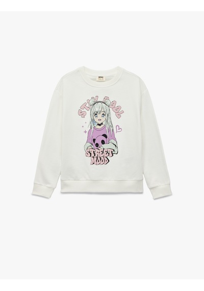 Koton Pamuklu Uzun Kollu Bisiklet Yaka Baskılı Şardonlu Sweatshirt Ekru 6wkg10575ak