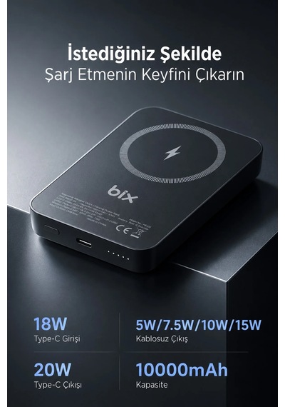 Exenar - Siyah - İphone İle Uyumlu Magsafe Powerbank Kablosuz 15w Hızlı Şarj 20w Usb-c Hızlı Şarj Qi