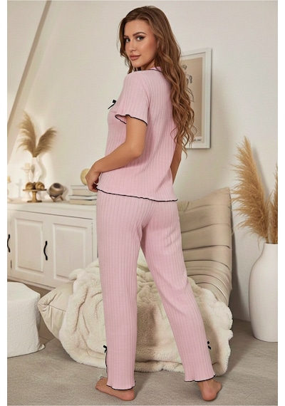 Bella Notte Pembe Pamuklu Siyah Overlok Ve Fiyonk Detaylı Kısa Kollu Pijama Takımı