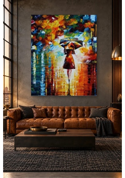 Fida Yağmurda Şemsiyeli Kadın Spatula Yağlı Boya Canvas Tablo Çok Renkli