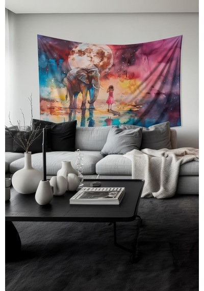 Ay Işığı Fil Ve Kız Desenli Duvar Halısı Duvar Örtüsü Tapestry Süet Dokulu Kumaş