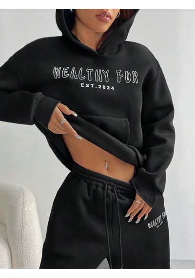 Macklin Unisex Kadın Erkek Healty For Baskılı Oversize 3 İplik Kapüşonlu Sweatshirt Ve Baggy Eşofman Altı Siyah