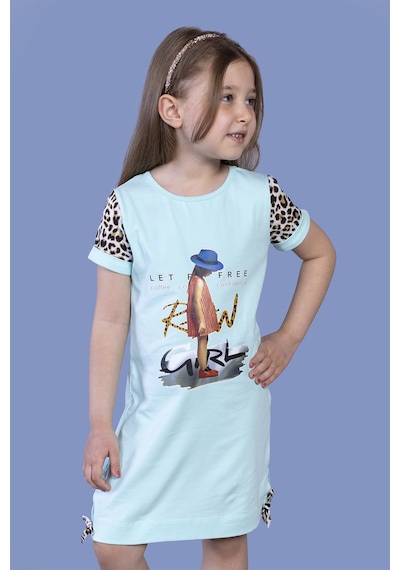 Toontoy Kız Çocuk Leopar Detaylı Baskılı Elbise Su Yeşili