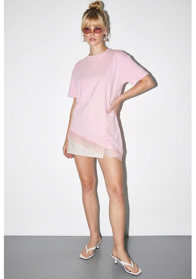 Shade Kadın Dantel Detaylı Asimetrik Kesim Kısa Kollu T-shirt 1078 60286069 - Pembe