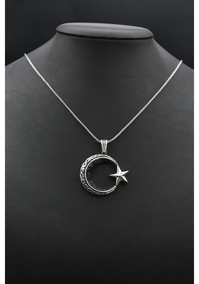 Ay Yıldızlı Ay Yıldız Zirkon Taş Süslemeli Kolye Gümüş Zincir 925 Ayar