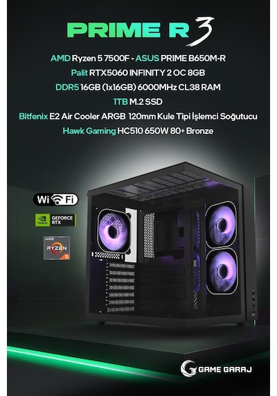 Game Garaj PRIME-R3 R5-7500F RTX5060 16 GB 1 TB SSD Free Dos Oem Paket Masaüstü Oyuncu Bilgisayarı
