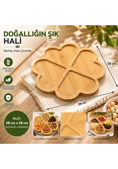 360 Derece Dönmeli Bambu Kalp Şekilli Sunumluk